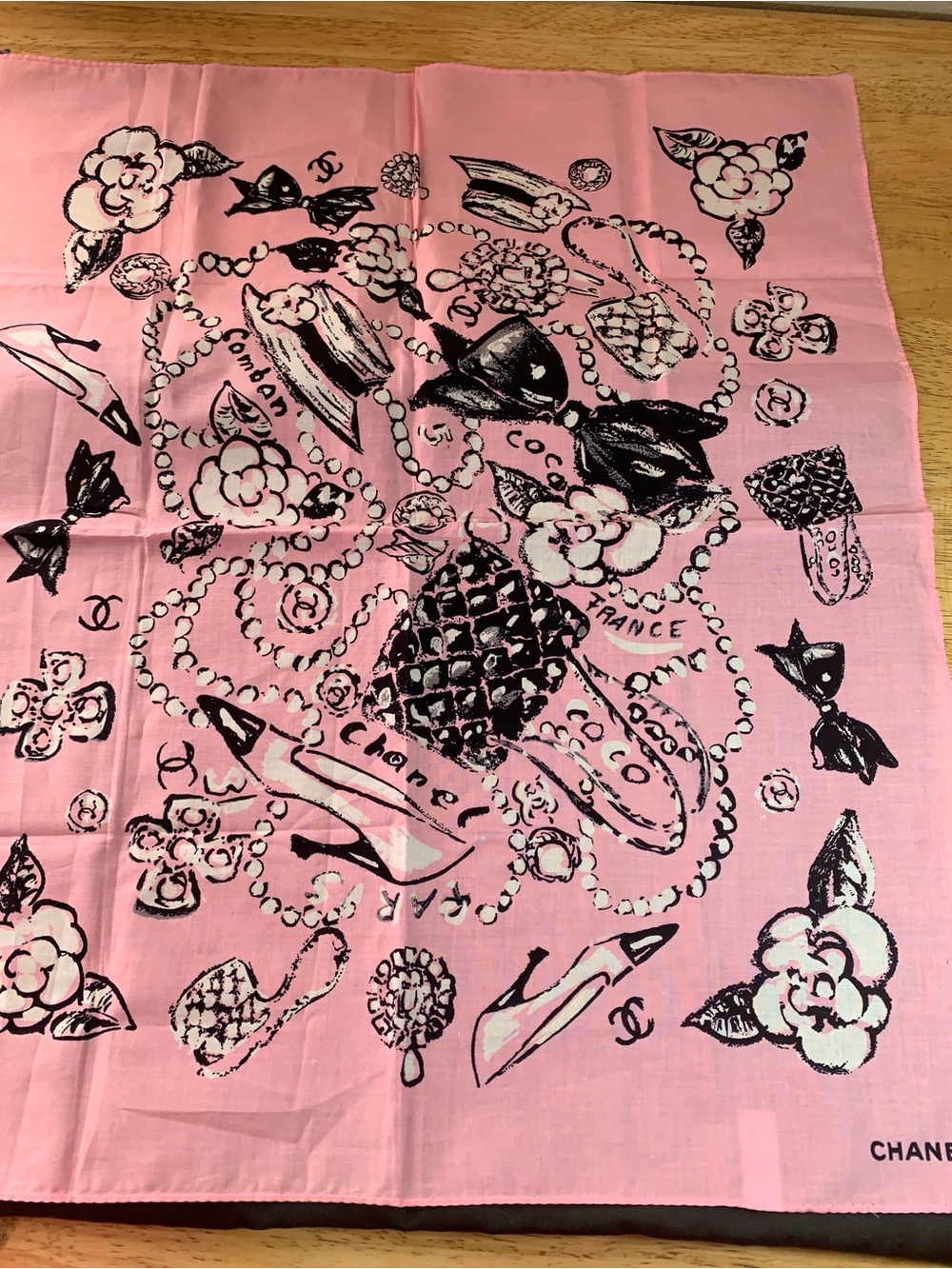 CHANEL Pink & Black Fashion Motif Cotton Scarf
